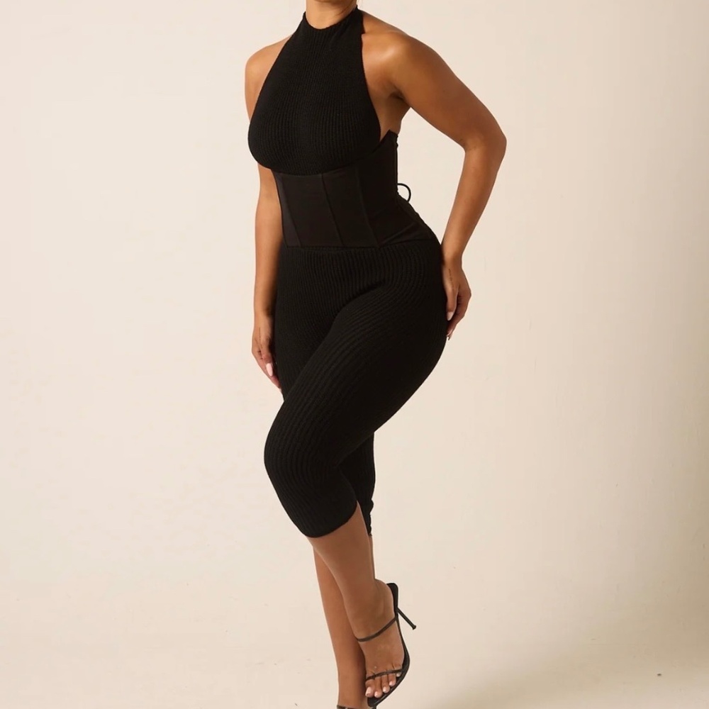 Sleeveless Black Halter Knit Jumpsuit with Waist Corset